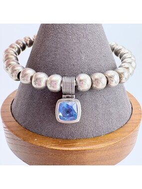 Topaz Ball Bead Sterling Silver 925 Open Cuff Bracelet Size 7.5" Fit